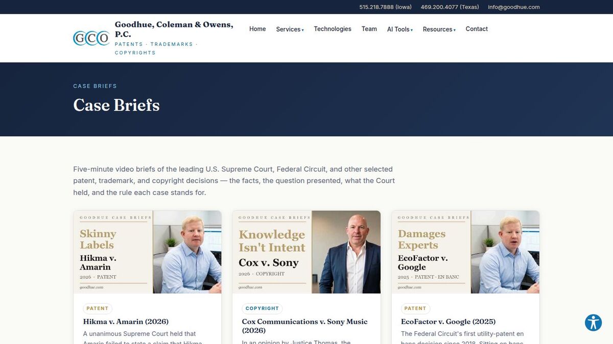 Case Briefs page with video briefs of recent Supreme Court and Federal Circuit IP decisions