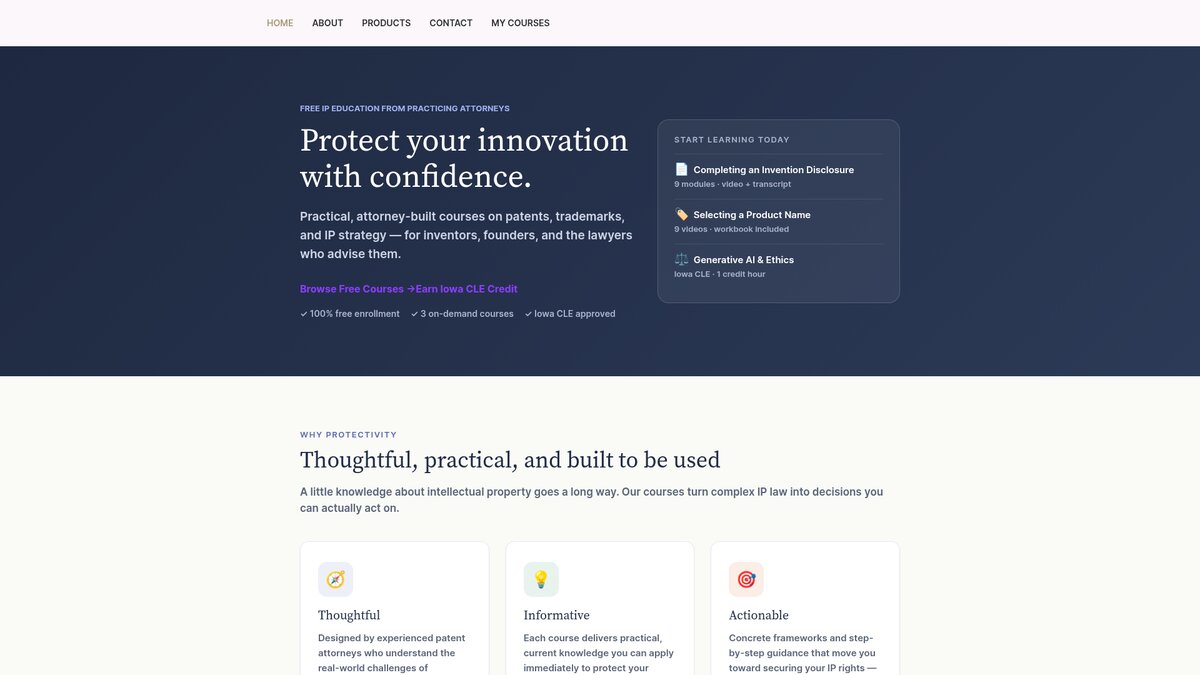 Protectivity online course site offering free attorney-built IP courses including Completing an Invention Disclosure and Selecting a Product Name