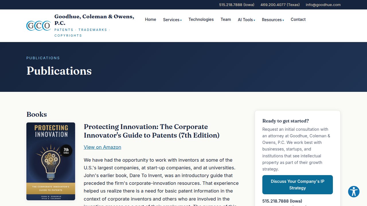 Publications page featuring books by firm attorneys including Protecting Innovation